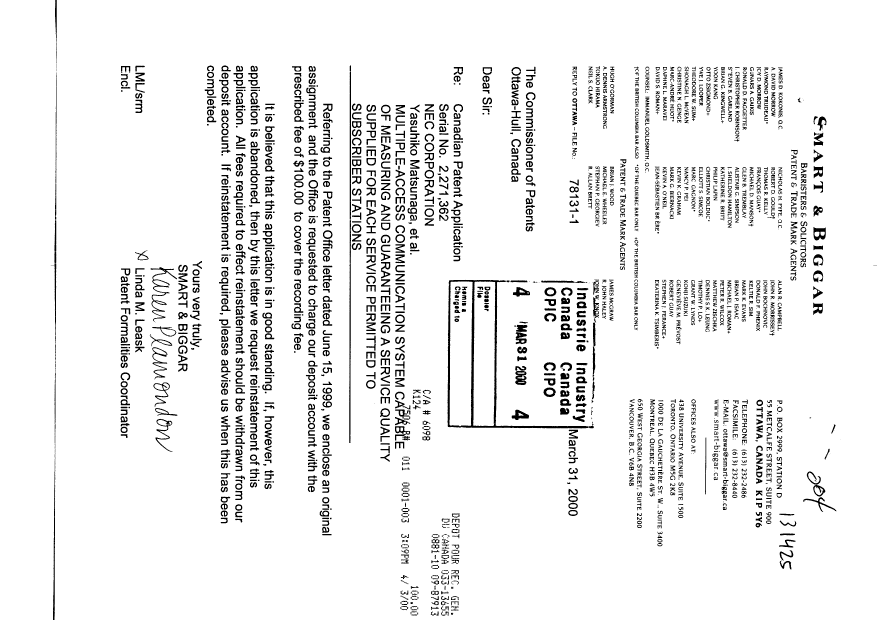 Canadian Patent Document 2271362. Assignment 20000331. Image 1 of 2
