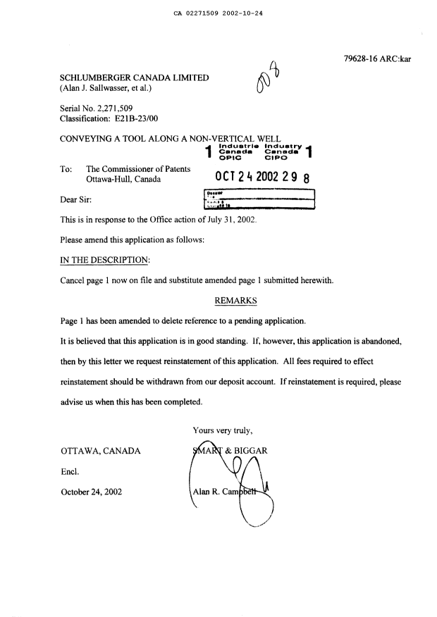 Canadian Patent Document 2271509. Prosecution-Amendment 20021024. Image 1 of 2