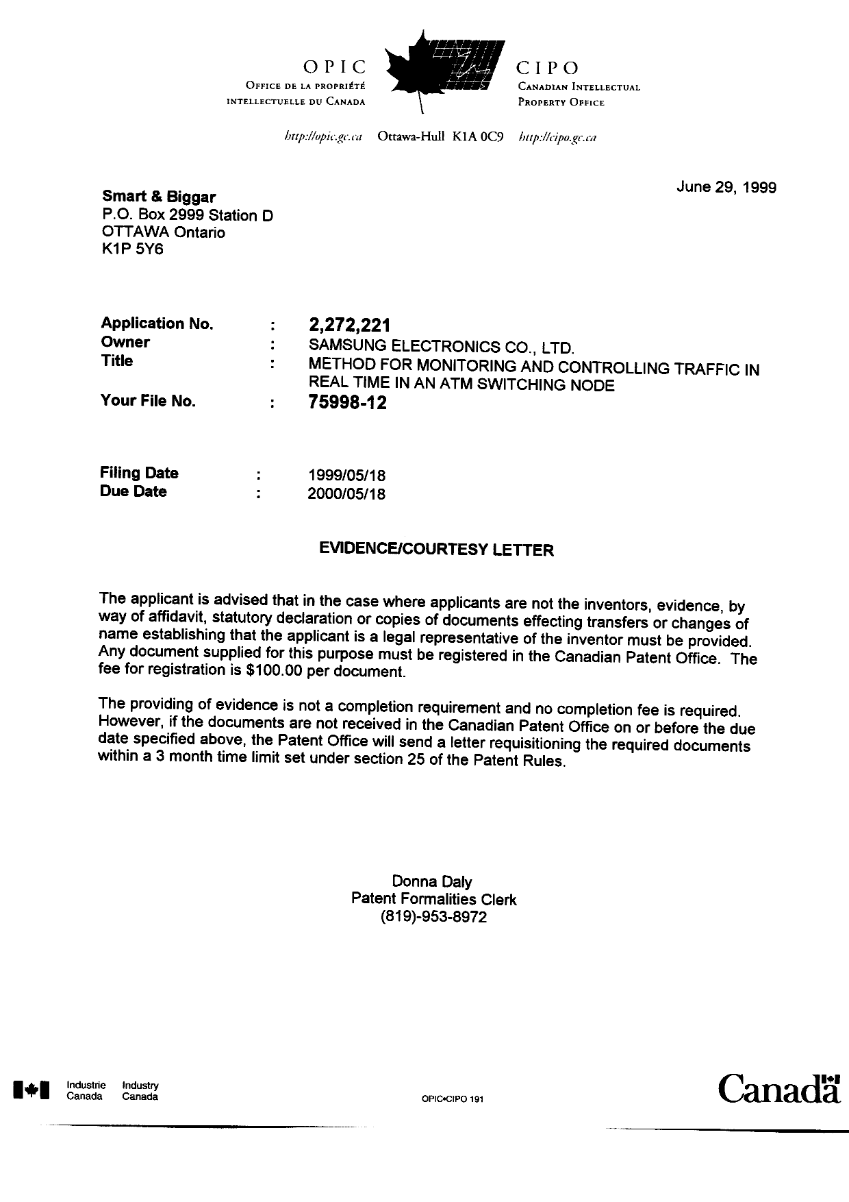 Canadian Patent Document 2272221. Correspondence 19990623. Image 1 of 1