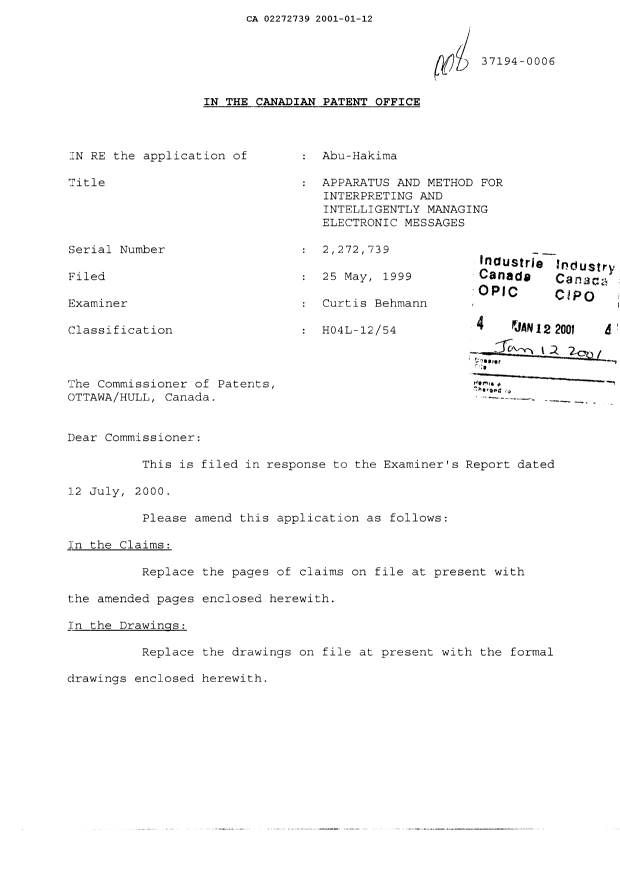 Canadian Patent Document 2272739. Prosecution-Amendment 20010112. Image 1 of 23