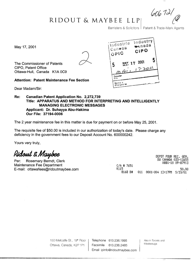 Document de brevet canadien 2272739. Taxes 20010517. Image 1 de 1