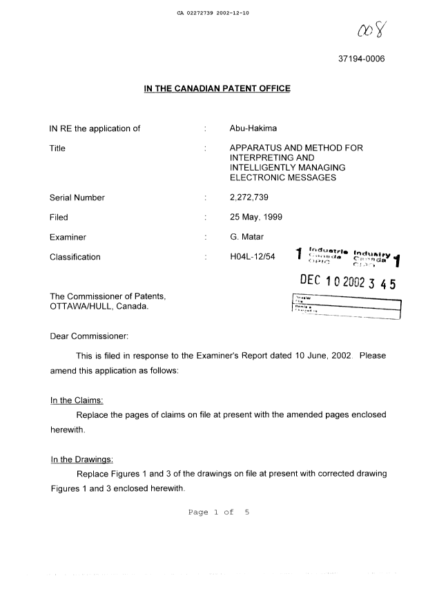 Document de brevet canadien 2272739. Poursuite-Amendment 20021210. Image 1 de 16