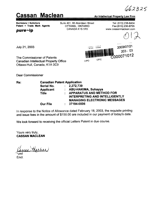 Document de brevet canadien 2272739. Correspondance 20030721. Image 1 de 1