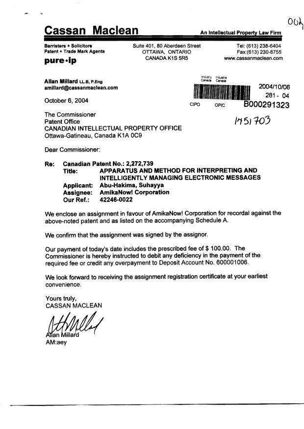 Document de brevet canadien 2272739. Cession 20041006. Image 1 de 3