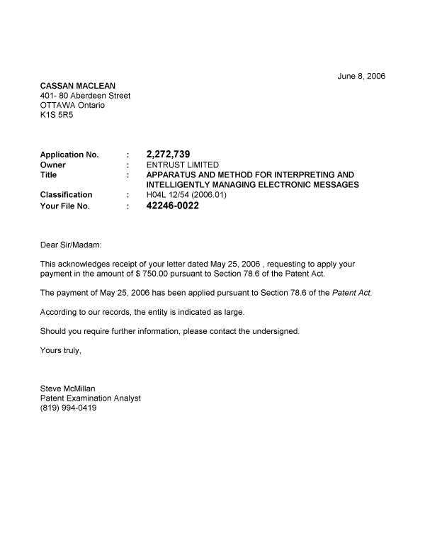 Document de brevet canadien 2272739. Correspondance 20060608. Image 1 de 1