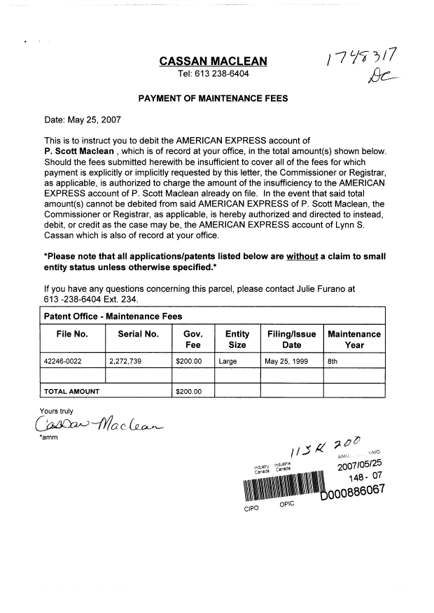 Document de brevet canadien 2272739. Taxes 20070525. Image 1 de 1