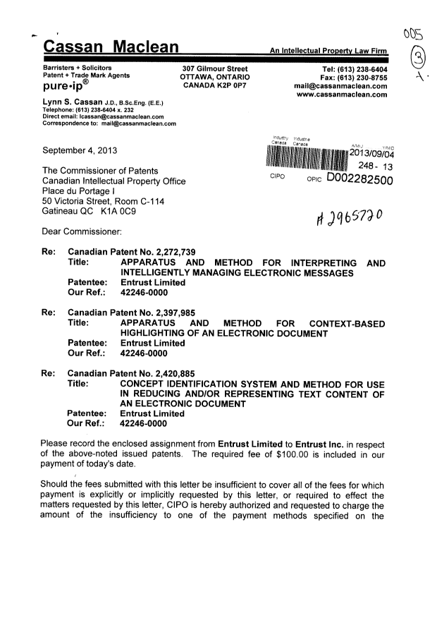 Document de brevet canadien 2272739. Cession 20130904. Image 1 de 5