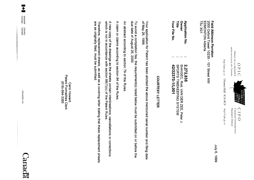 Canadian Patent Document 2272835. Correspondence 19981229. Image 1 of 1