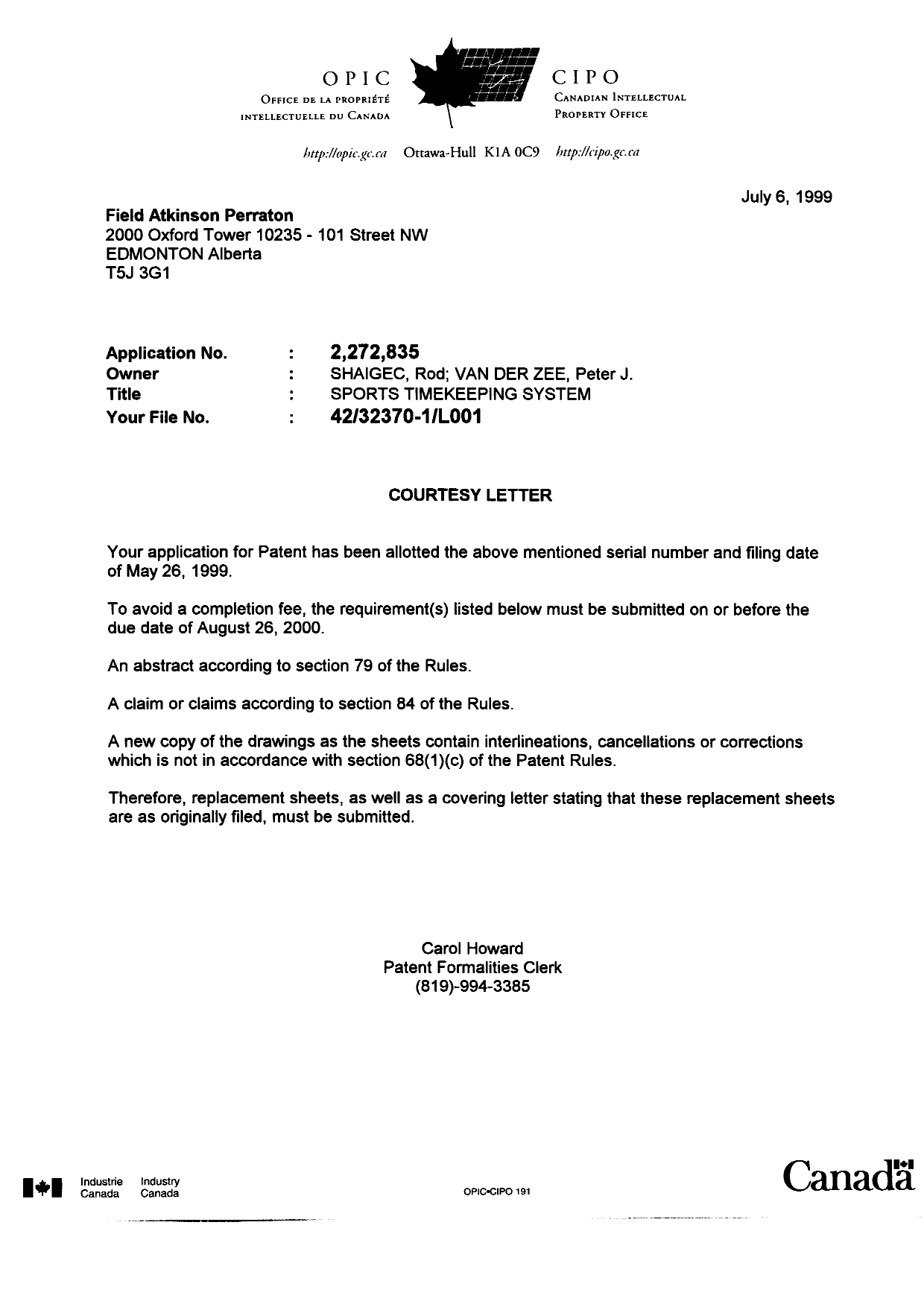 Canadian Patent Document 2272835. Correspondence 19981229. Image 1 of 1
