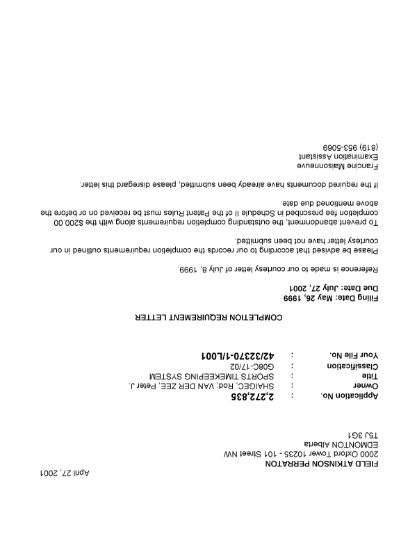 Canadian Patent Document 2272835. Correspondence 20001227. Image 1 of 1