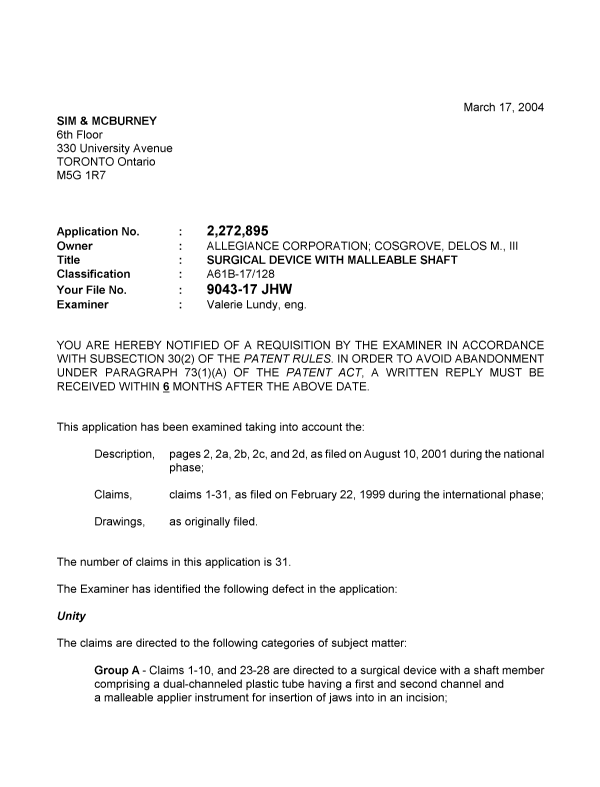 Canadian Patent Document 2272895. Prosecution-Amendment 20031217. Image 1 of 3