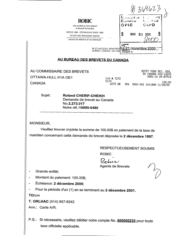 Document de brevet canadien 2273017. Taxes 20001121. Image 1 de 1