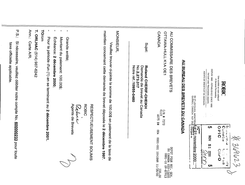 Canadian Patent Document 2273017. Fees 20001121. Image 1 of 1