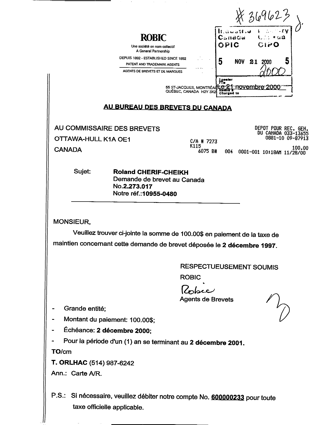Canadian Patent Document 2273017. Fees 20001121. Image 1 of 1