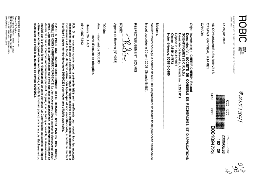 Canadian Patent Document 2273017. Correspondence 20080626. Image 1 of 1