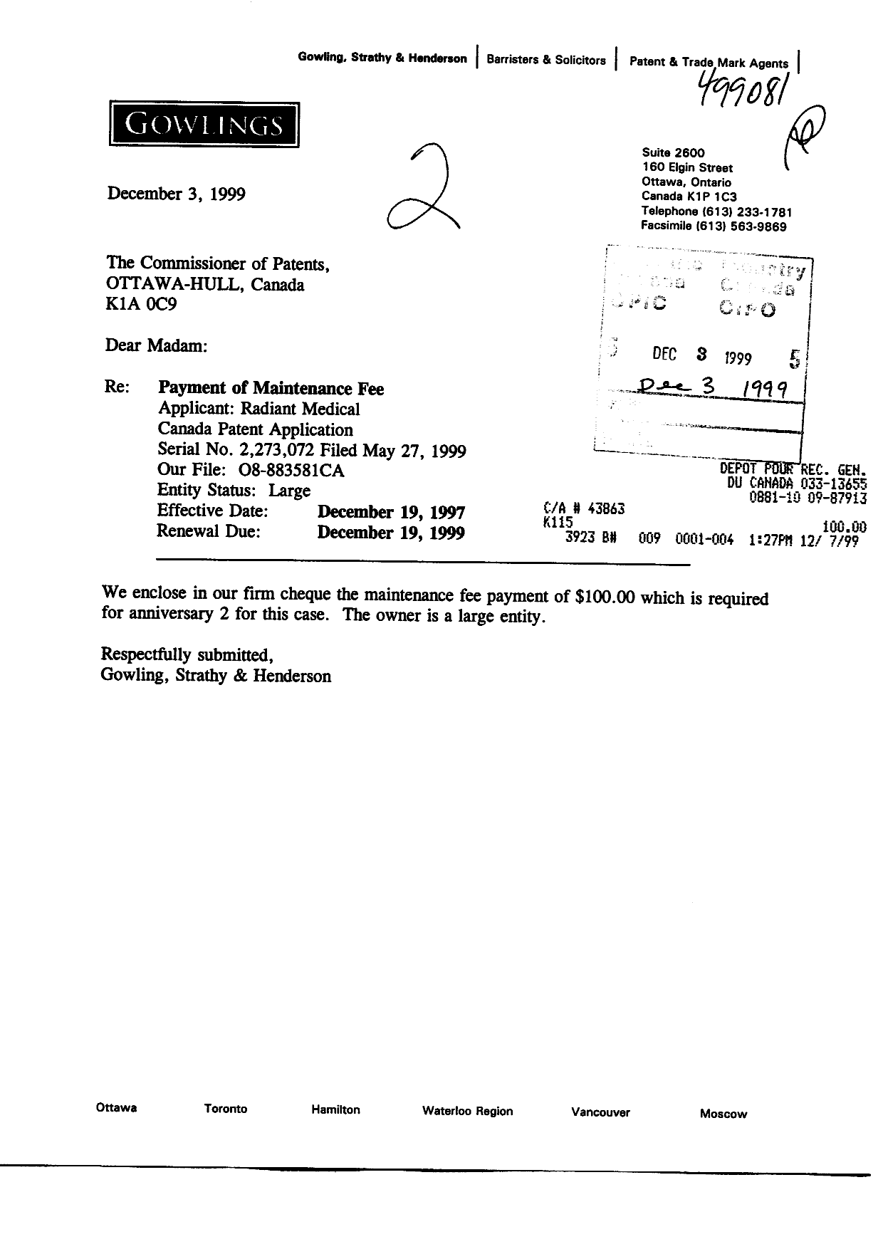 Canadian Patent Document 2273072. Fees 19991203. Image 1 of 1
