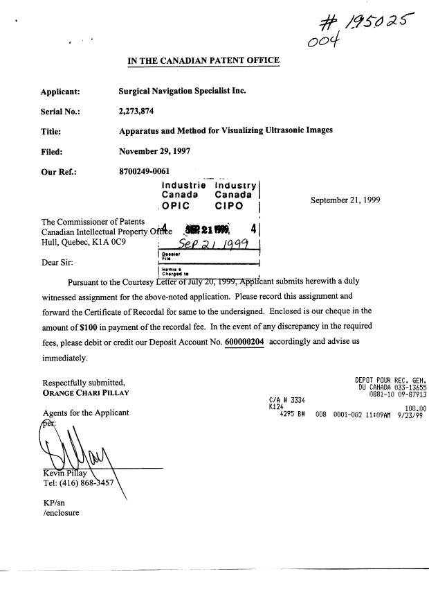 Document de brevet canadien 2273874. Cession 19990921. Image 1 de 6