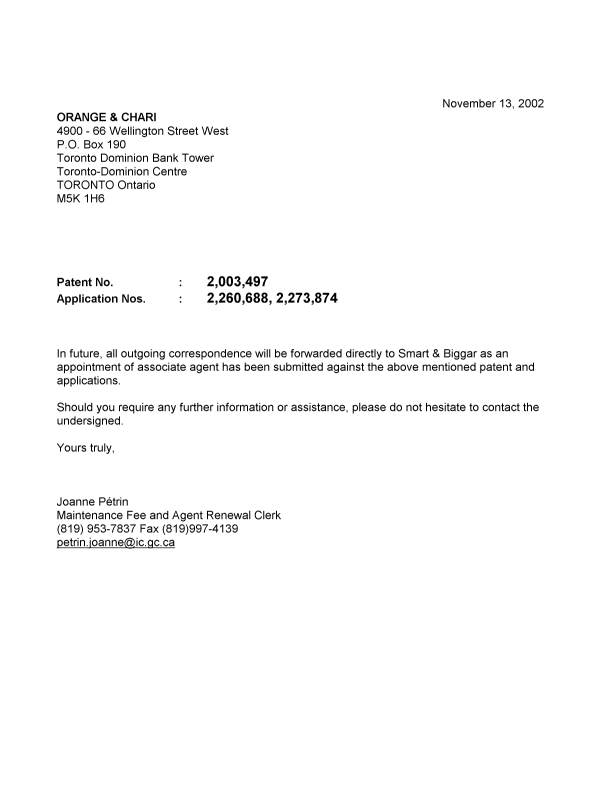 Document de brevet canadien 2273874. Correspondance 20021113. Image 1 de 1