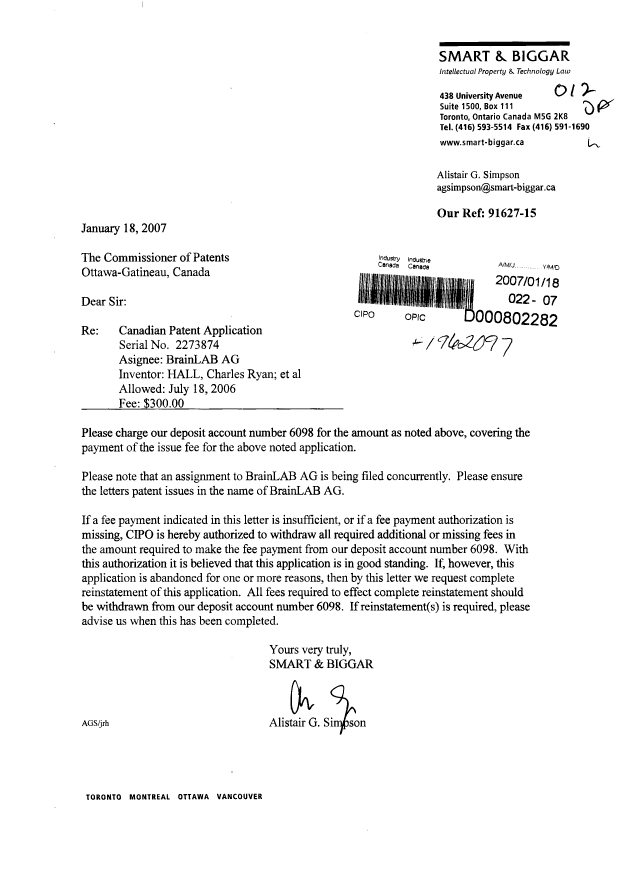 Document de brevet canadien 2273874. Correspondance 20070118. Image 1 de 1