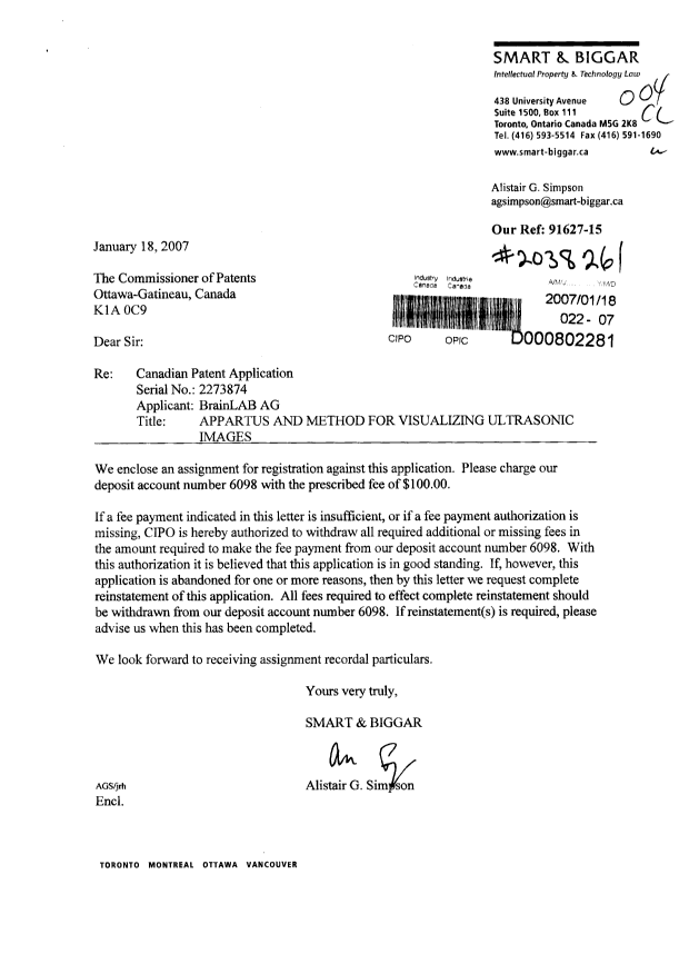 Document de brevet canadien 2273874. Cession 20070118. Image 1 de 5