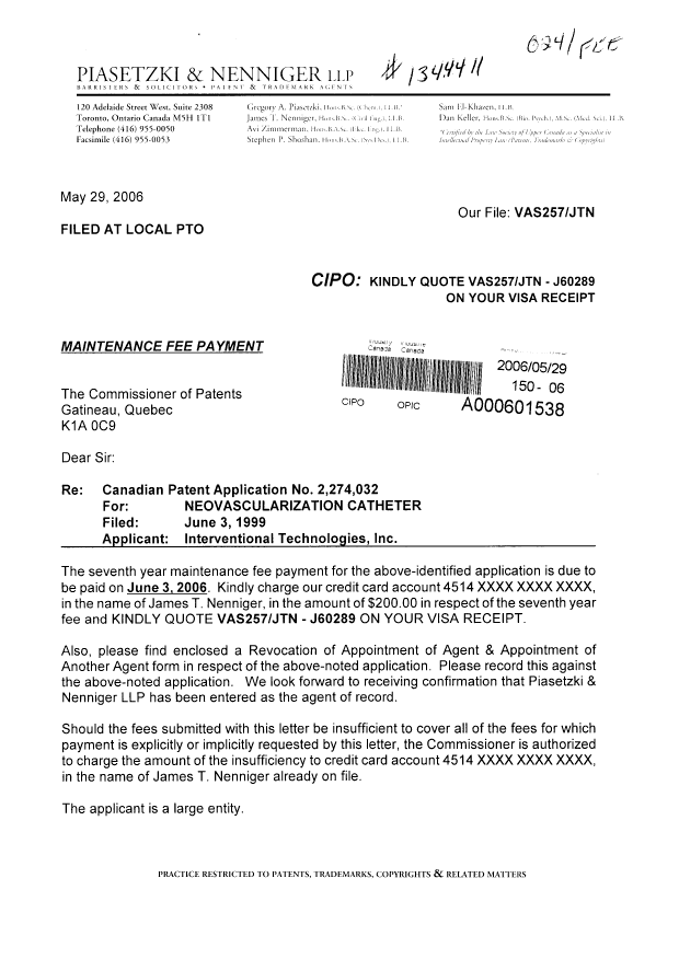 Document de brevet canadien 2274032. Correspondance 20060529. Image 1 de 3