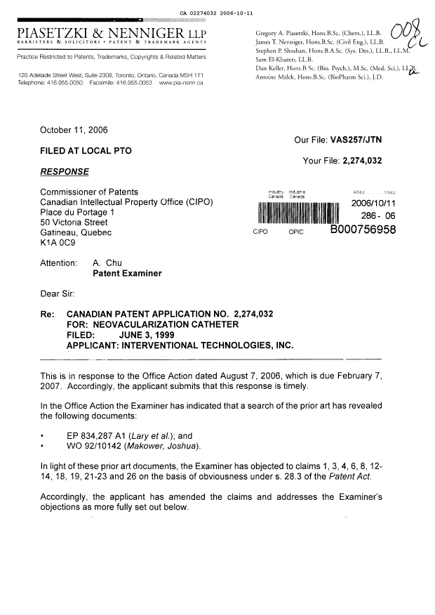 Canadian Patent Document 2274032. Prosecution-Amendment 20061011. Image 1 of 14