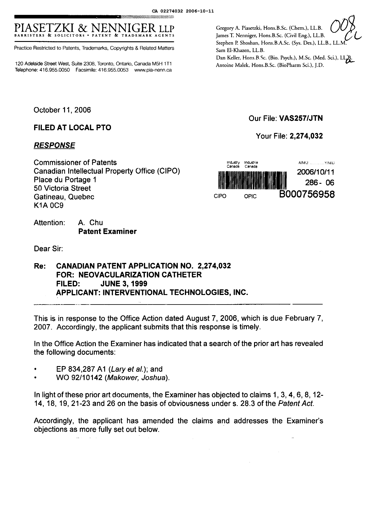 Canadian Patent Document 2274032. Prosecution-Amendment 20061011. Image 1 of 14