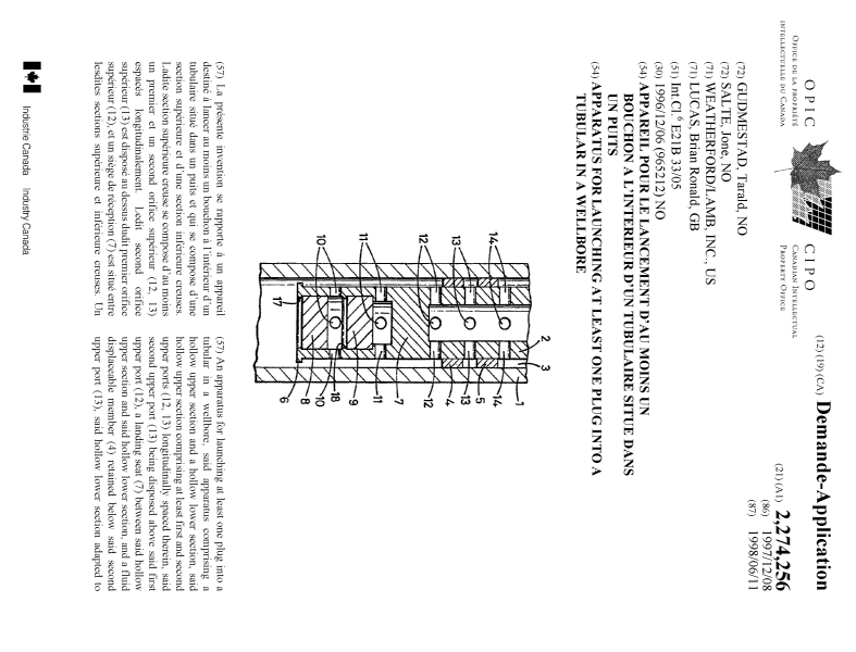 Canadian Patent Document 2274256. Cover Page 19990826. Image 1 of 2