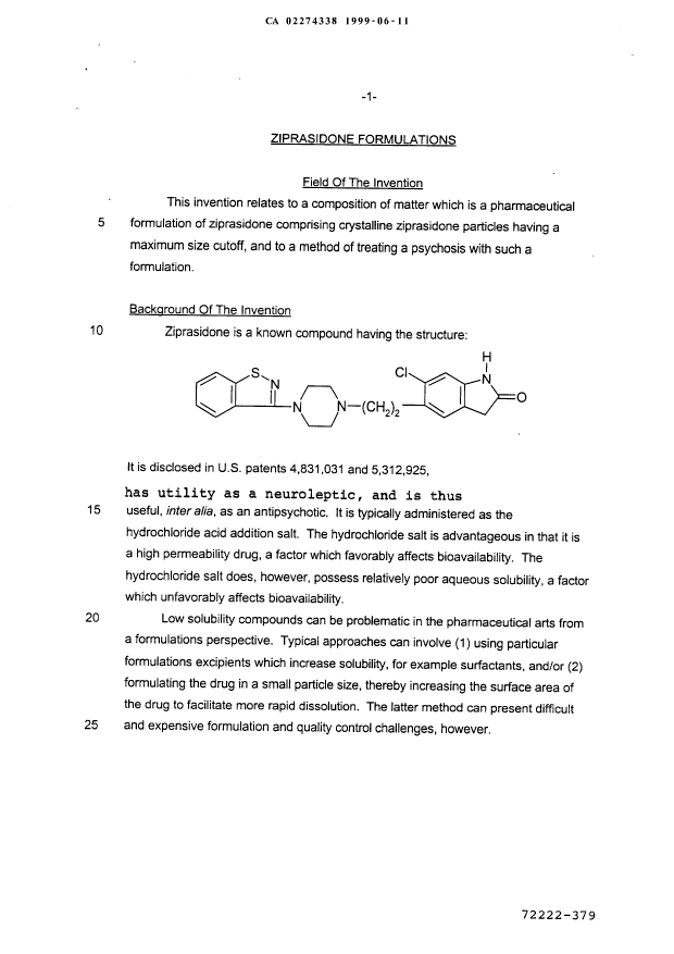 Canadian Patent Document 2274338. Description 19990611. Image 1 of 17
