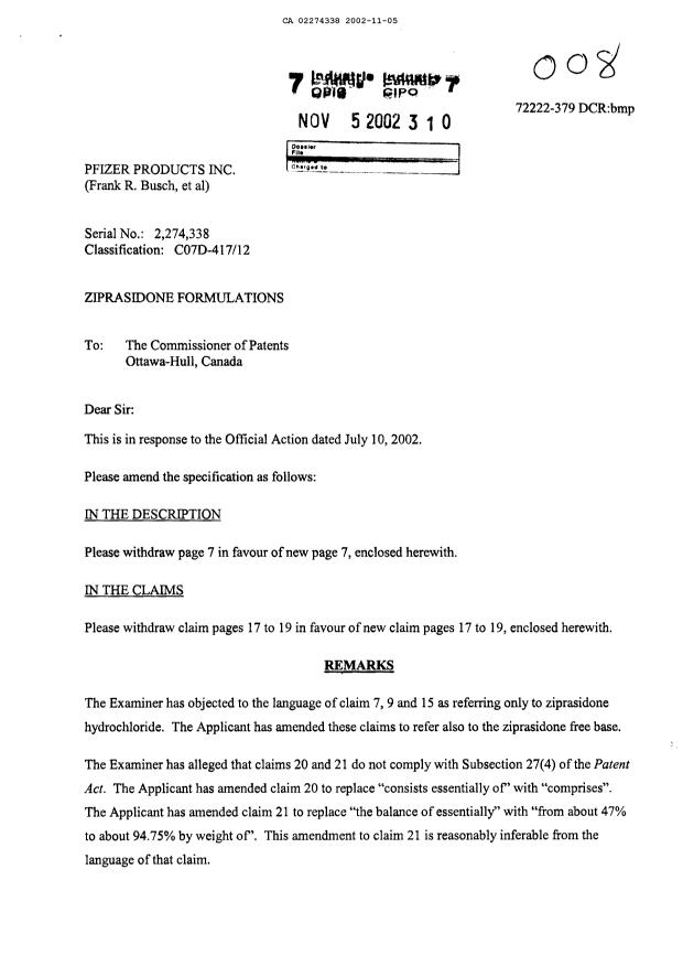 Document de brevet canadien 2274338. Poursuite-Amendment 20021105. Image 1 de 7