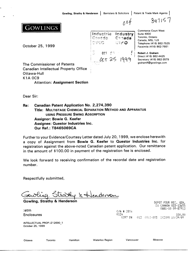 Document de brevet canadien 2274390. Cession 19991025. Image 1 de 2