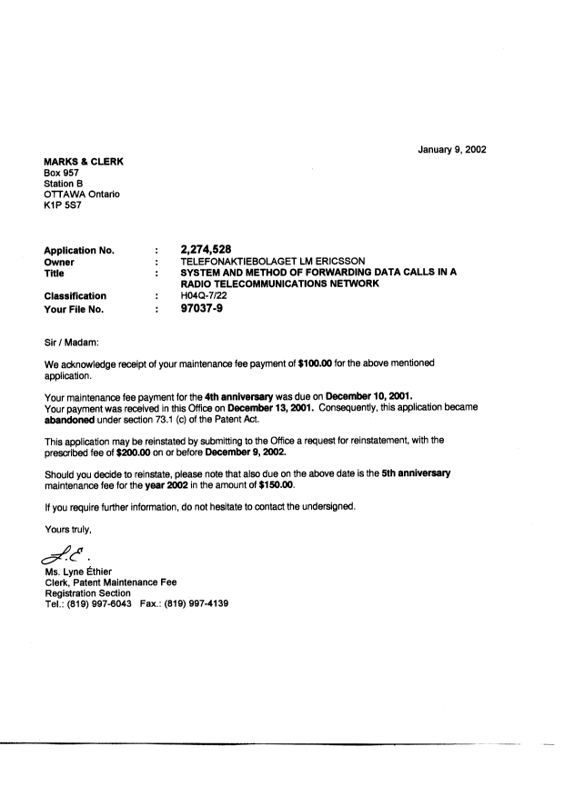 Canadian Patent Document 2274528. Correspondence 20011209. Image 1 of 1