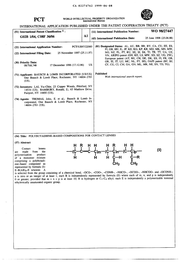 Canadian Patent Document 2274762. Abstract 19981208. Image 1 of 1
