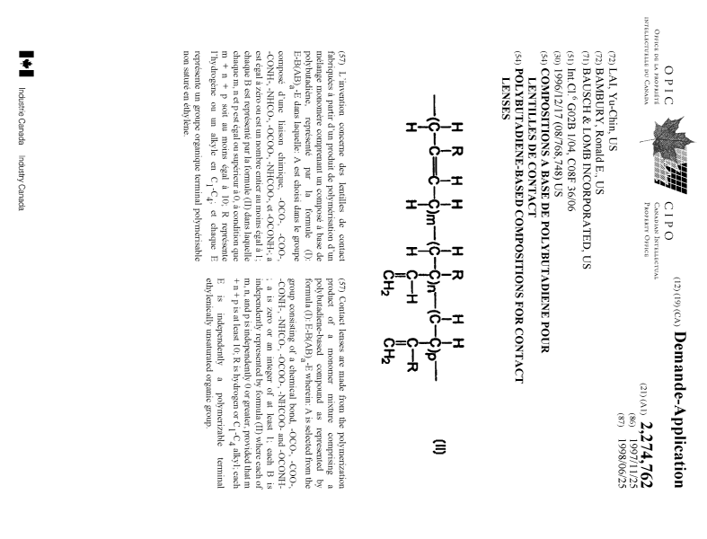 Canadian Patent Document 2274762. Cover Page 19981209. Image 1 of 1