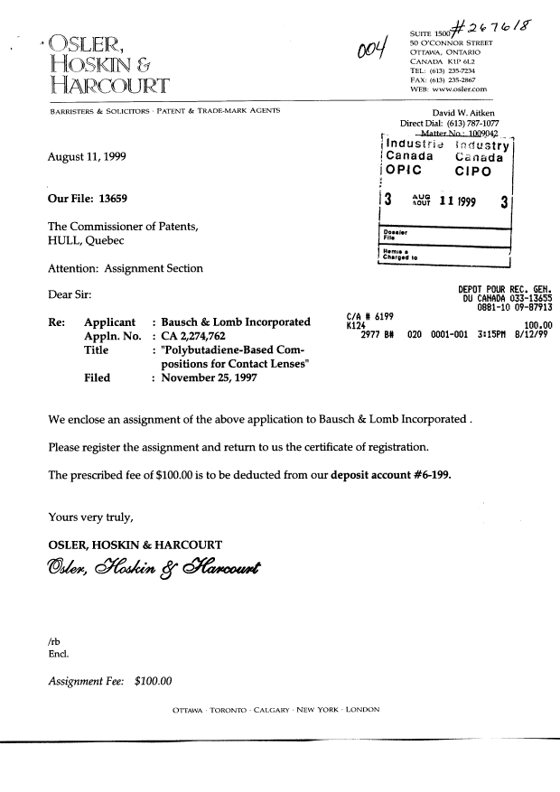 Document de brevet canadien 2274762. Cession 19990811. Image 1 de 5