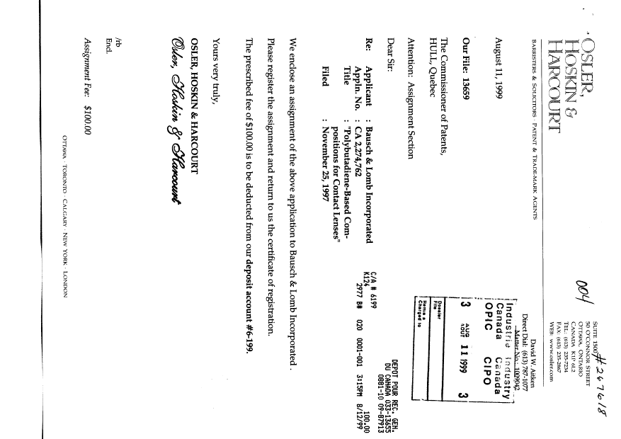Document de brevet canadien 2274762. Cession 19990811. Image 1 de 5
