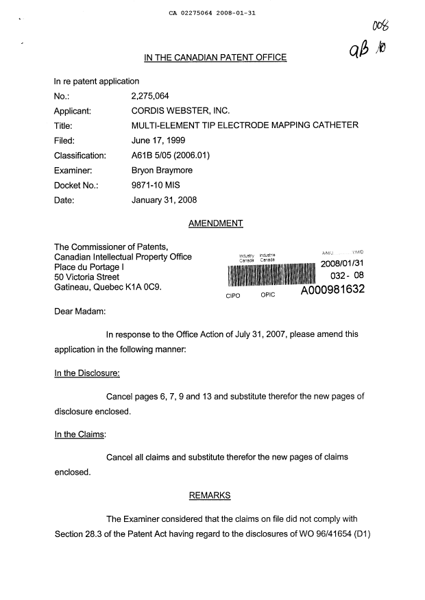 Canadian Patent Document 2275064. Prosecution-Amendment 20071231. Image 1 of 10