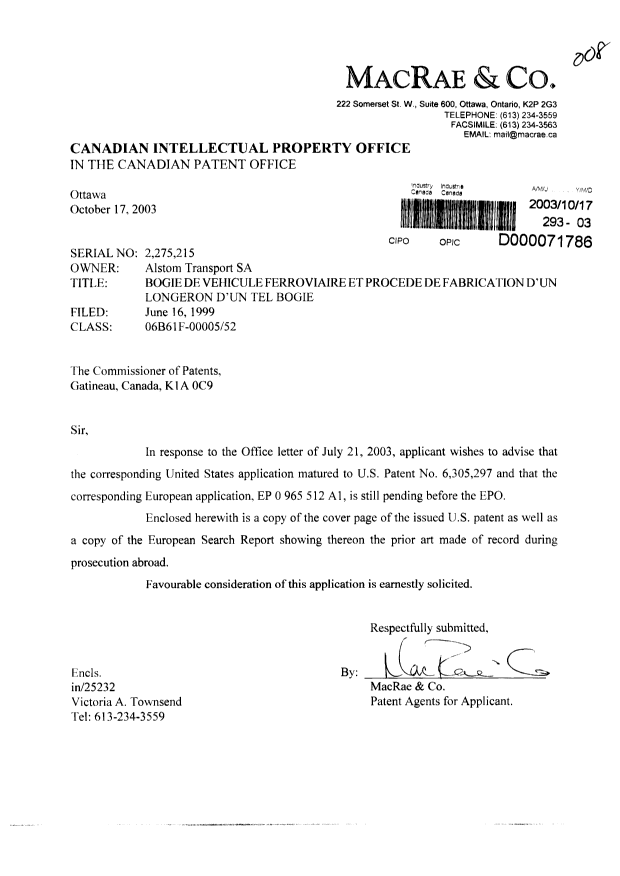 Canadian Patent Document 2275215. Prosecution-Amendment 20031017. Image 1 of 1