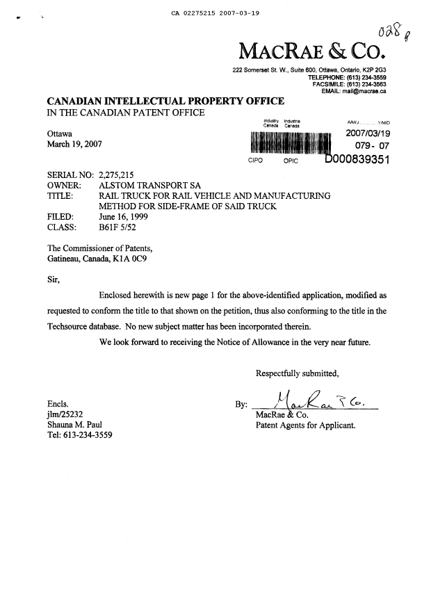 Canadian Patent Document 2275215. Correspondence 20070319. Image 1 of 2