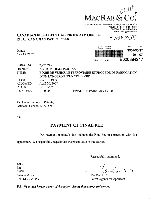 Canadian Patent Document 2275215. Correspondence 20070515. Image 1 of 1