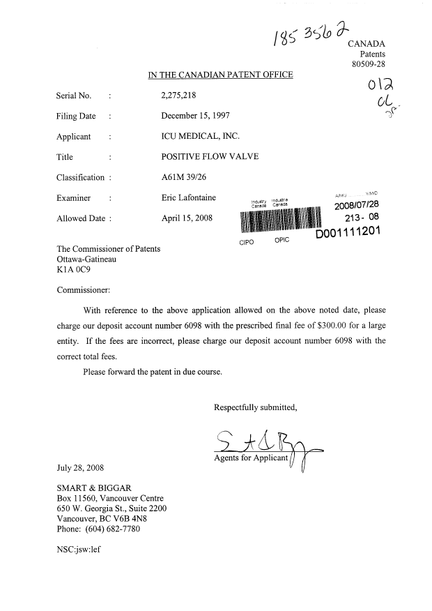 Canadian Patent Document 2275218. Correspondence 20080728. Image 1 of 1