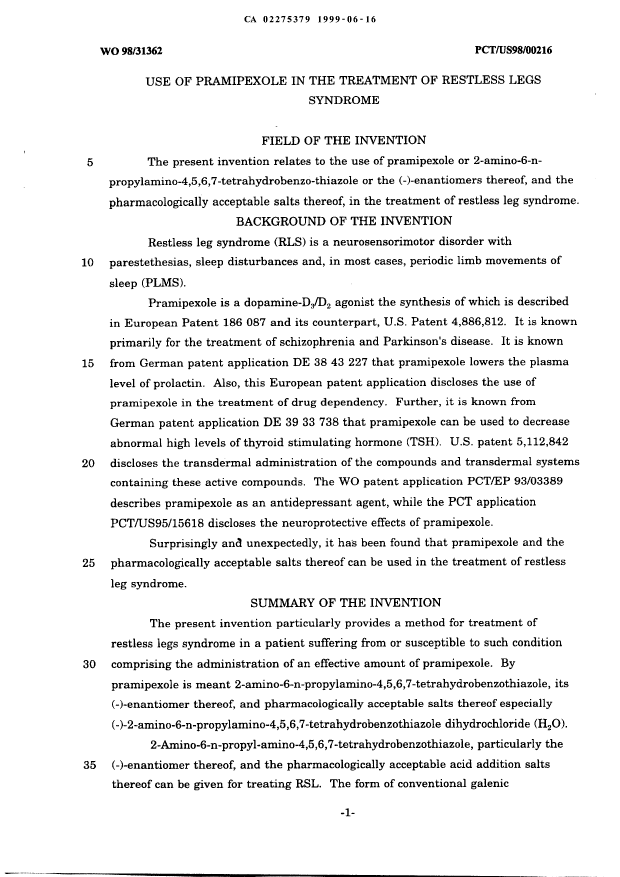 Document de brevet canadien 2275379. Description 19990616. Image 1 de 2