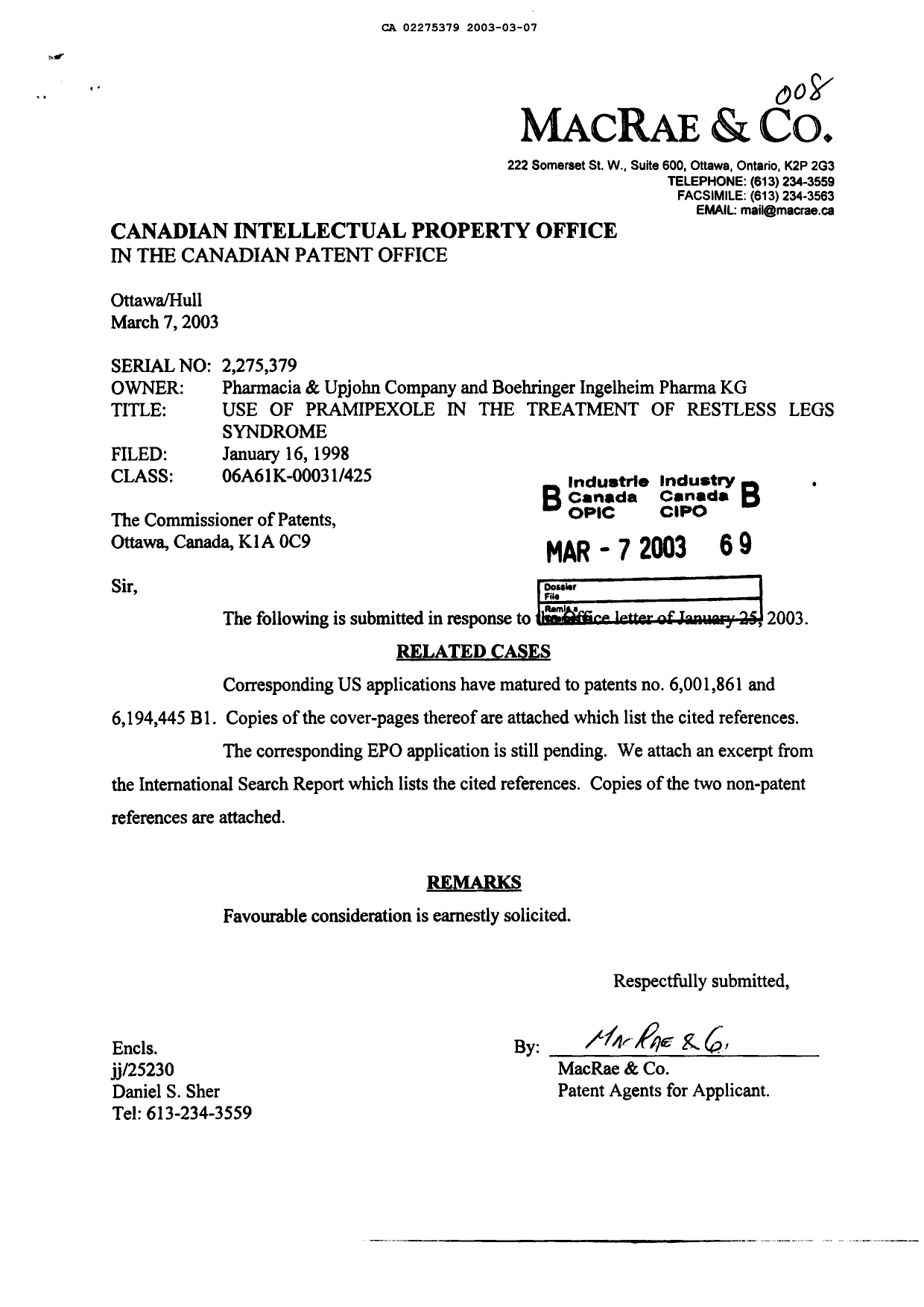 Canadian Patent Document 2275379. Prosecution-Amendment 20030307. Image 1 of 1
