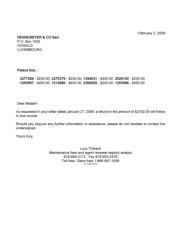 Document de brevet canadien 2275379. Correspondance 20090202. Image 1 de 1
