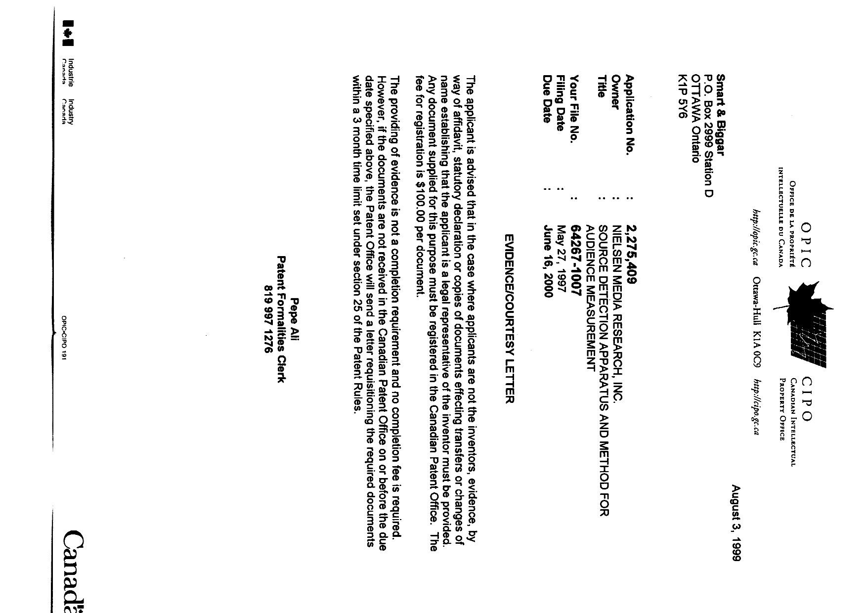 Document de brevet canadien 2275409. Correspondance 19981203. Image 1 de 1