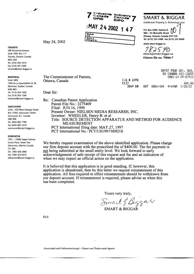 Document de brevet canadien 2275409. Poursuite-Amendment 20011224. Image 1 de 1
