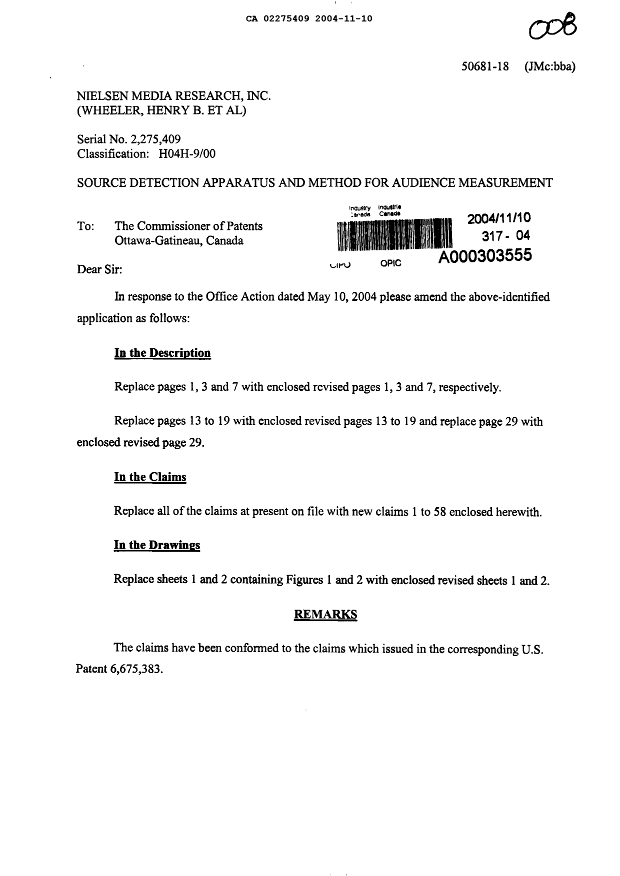 Document de brevet canadien 2275409. Poursuite-Amendment 20031210. Image 1 de 29