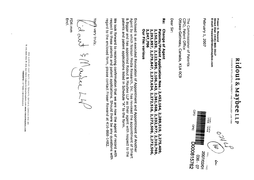 Document de brevet canadien 2275409. Correspondance 20061201. Image 1 de 3
