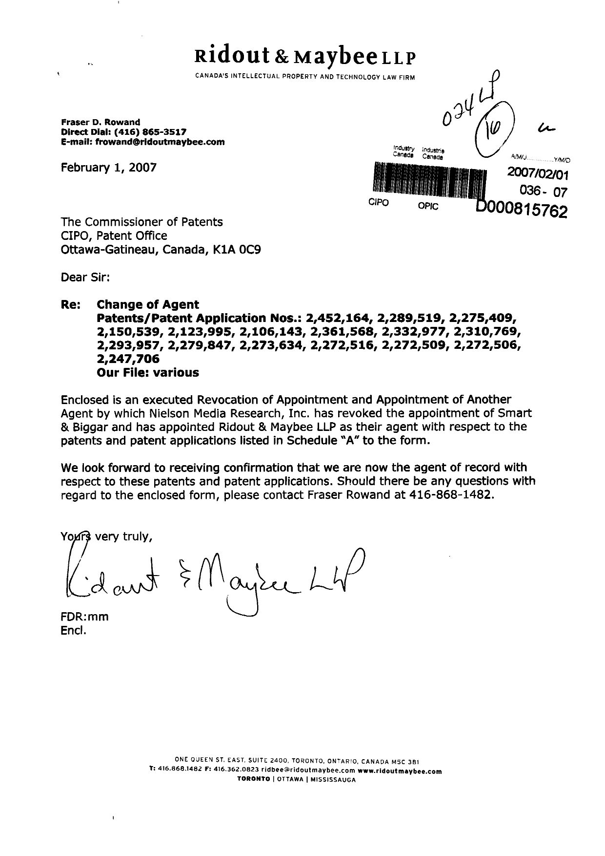 Canadian Patent Document 2275409. Correspondence 20061201. Image 1 of 3