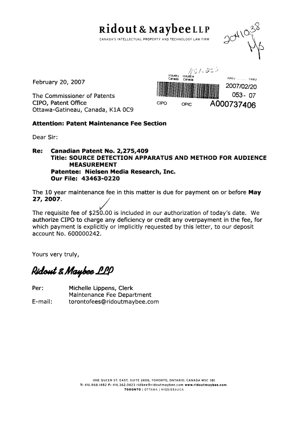 Document de brevet canadien 2275409. Taxes 20061220. Image 1 de 1